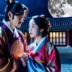A regal king and queen, adorned in vibrant hanbok, gazing longingly at each other in a moonlit palace courtyard from a historical Korean drama