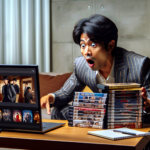 A photo of a person watching a K-drama with a shocked expression on their face. A stack of K-drama DVDs and a screenshot of a streaming service's K-drama library.