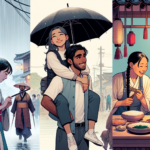 K-Drama Symbolism. A woman and a couple sharing an umbrella in the rain and two characters sharing a meal at a pojangmacha (street food stall).