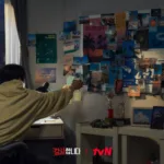 An Auditors K-Drama still showing a man working on an evidence board