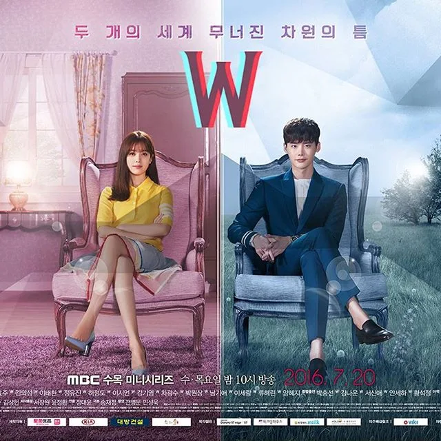 W-Two-words-apart poster with a man and a woman in different envirometns sitting on chairs. A reincarnation story K-drama.