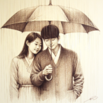 A man and a woman sharing an umbrella depicting a scene from Feel-Good K-Dramas