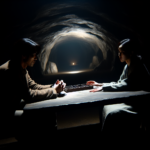 in a cave like room dark and eerie a man and a woman are sitting opposite a table scene form the best Korean Drama TV Shows to watch.