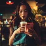 A young woman drinking coffee from a straw while watching a Korean web dramas on her pink smartphone.