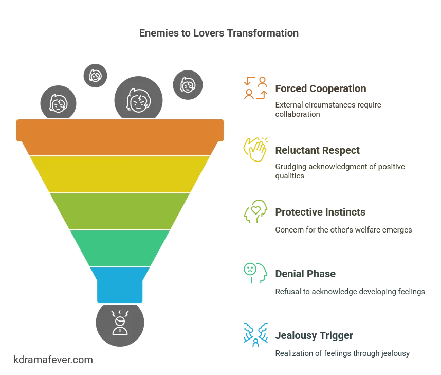 A graphic representation of the enemies to lovers transformation with a five colored funnel; and some angry round faces showcasing the development moments.