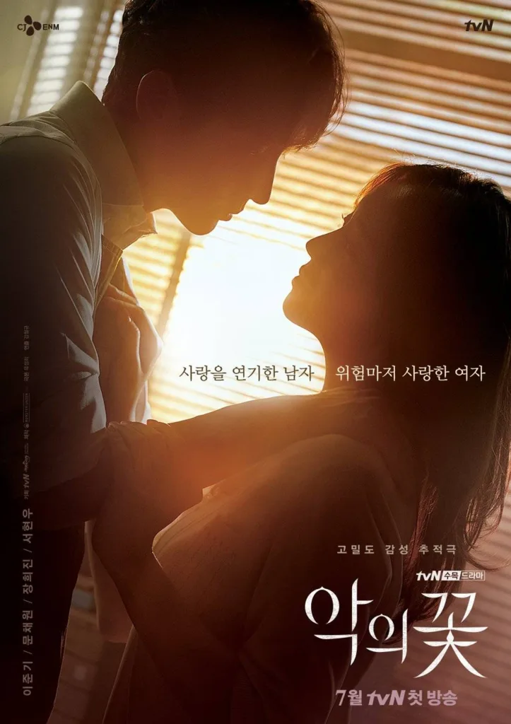 a couple male and female ready to kiss each other bathed in the setting sun color from the iconic poster of the flower of evil drama one of the best Korean Psychosexual Thrillers