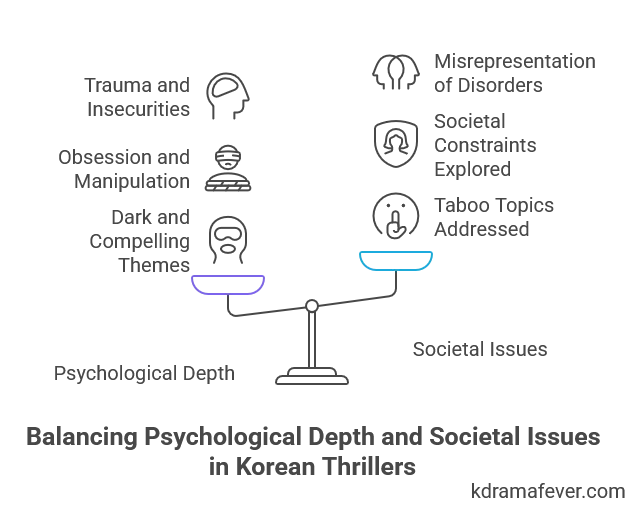 a graphic representation of the various aspects of how Korean thrillers balance psychological depth and societal issues.