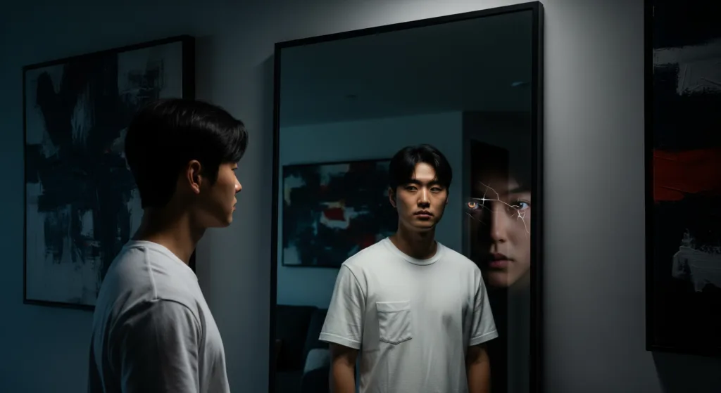 A Korean man is ooking into a mirror or reflective surface, but their reflection is subtly distorted.