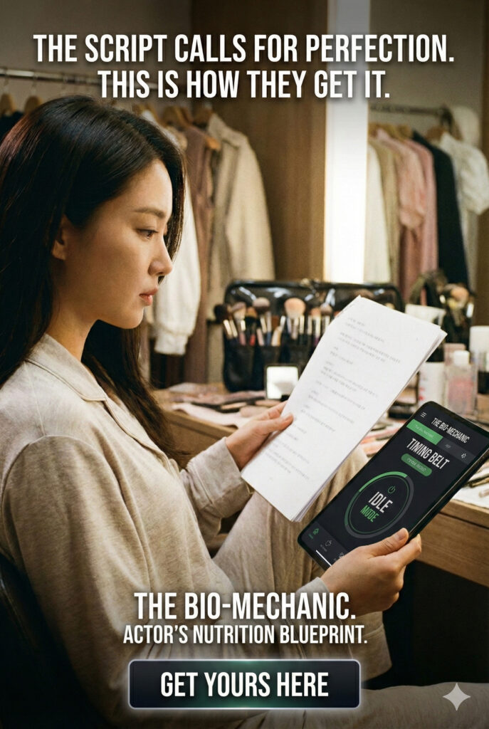 A promotional ad for "THE BIO-MECHANIC" nutrition planner, set in a well-lit dressing room. A female Korean actor in a beige cardigan sits reading a script while holding a tablet displaying the app's interface, which features a "TIMING BELT" and "IDLE MODE." Large white text at the top reads, "THE SCRIPT CALLS FOR PERFECTION. THIS IS HOW THEY GET IT." Below the actor, smaller text says, "THE BIO-MECHANIC. ACTOR'S NUTRITION BLUEPRINT." A prominent button at the bottom reads, "GET YOURS HERE." Makeup brushes and clothing racks fill the background.